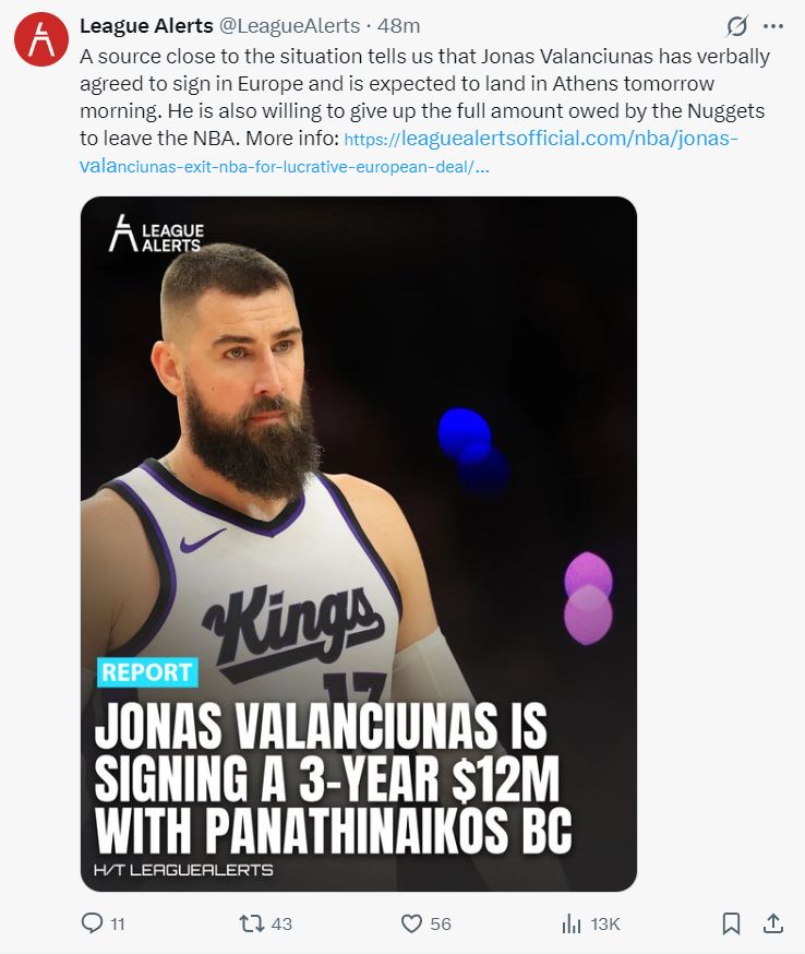 曝瓦兰将放弃两年2千万重返欧洲！掘金可转追布歇兰代尔减压约基奇